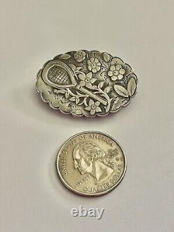 Victorian Sterling Momento Mori Mourning Tennis Racket & Flowers Locket Brooch