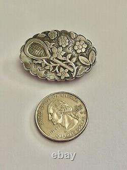 Victorian Sterling Momento Mori Mourning Tennis Racket & Flowers Locket Brooch