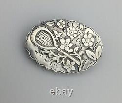 Victorian Sterling Momento Mori Mourning Tennis Racket & Flowers Locket Brooch