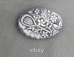 Victorian Sterling Momento Mori Mourning Tennis Racket & Flowers Locket Brooch