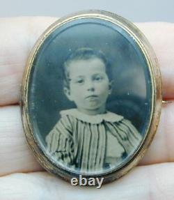 Victorian Tintype Photo Beveled Glass Mourning Pin Very Young Boy