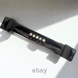 Victorian Whitby Jet Mourning Brooch Bar Seed Pearls 1880s C Clasp