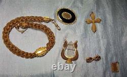 Victorian Woven Mourning Hair Watch Fob Gold Tone Accents, 14 3 Row Table Worke