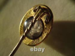 Victorian bullseye agate mourning hair locket stick pin 9ct gold enamel pearl