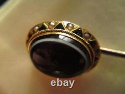 Victorian bullseye agate mourning hair locket stick pin 9ct gold enamel pearl