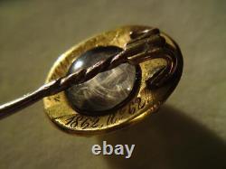 Victorian bullseye agate mourning hair locket stick pin 9ct gold enamel pearl