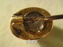 Victorian bullseye agate mourning hair locket stick pin 9ct gold enamel pearl