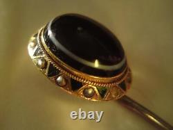 Victorian bullseye agate mourning hair locket stick pin 9ct gold enamel pearl