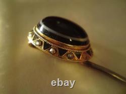 Victorian bullseye agate mourning hair locket stick pin 9ct gold enamel pearl