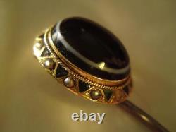 Victorian bullseye agate mourning hair locket stick pin 9ct gold enamel pearl