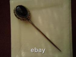 Victorian bullseye agate mourning hair locket stick pin 9ct gold enamel pearl