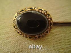 Victorian bullseye agate mourning hair locket stick pin 9ct gold enamel pearl