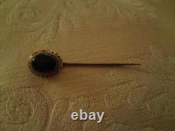 Victorian bullseye agate mourning hair locket stick pin 9ct gold enamel pearl