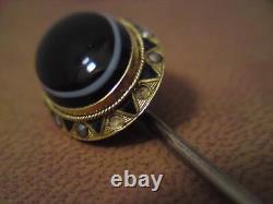 Victorian bullseye agate mourning hair locket stick pin 9ct gold enamel pearl