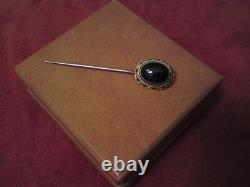 Victorian bullseye agate mourning hair locket stick pin 9ct gold enamel pearl