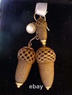 Victorian hair jewelry earrings Triple Acorn with pearls 14k gold custom design
