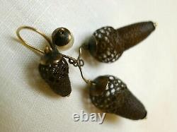 Victorian hair jewelry earrings Triple Acorn with pearls 14k gold custom design