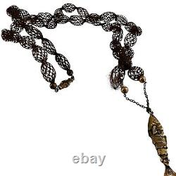 Victorian woven hair folk art necklace mourning jewelry brown 9kt gold koi fish