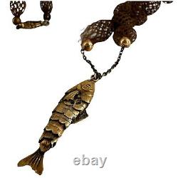 Victorian woven hair folk art necklace mourning jewelry brown 9kt gold koi fish