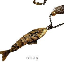 Victorian woven hair folk art necklace mourning jewelry brown 9kt gold koi fish