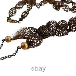 Victorian woven hair folk art necklace mourning jewelry brown 9kt gold koi fish