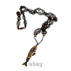 Victorian woven hair folk art necklace mourning jewelry brown 9kt gold koi fish