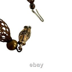 Victorian woven hair folk art necklace mourning jewelry brown 9kt gold koi fish