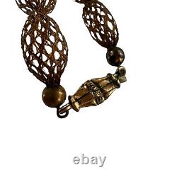 Victorian woven hair folk art necklace mourning jewelry brown 9kt gold koi fish