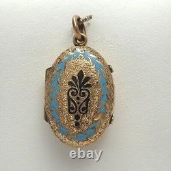 Victorian14K GF Hand Engraved Enamel Mourning Double Photo Locket Charm Pendant