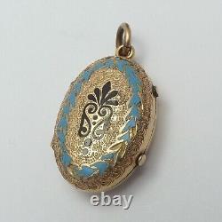 Victorian14K GF Hand Engraved Enamel Mourning Double Photo Locket Charm Pendant