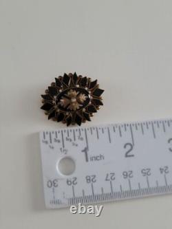 Vintage 10K Victorian Mourning Pin Yellow Gold Black Jet Seed Pearl