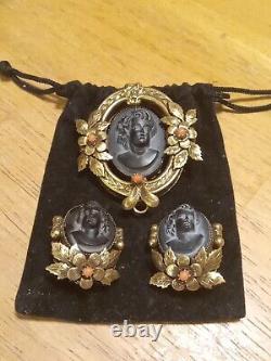 Vintage Gold Filled Victorian Mourning Black Brooch And Earrings Set