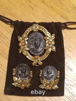 Vintage Gold Filled Victorian Mourning Black Brooch And Earrings Set