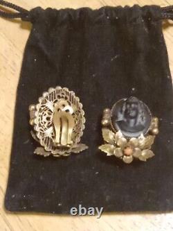 Vintage Gold Filled Victorian Mourning Black Brooch And Earrings Set