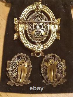 Vintage Gold Filled Victorian Mourning Black Brooch And Earrings Set