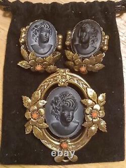 Vintage Gold Filled Victorian Mourning Black Brooch And Earrings Set