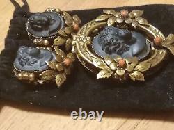 Vintage Gold Filled Victorian Mourning Black Brooch And Earrings Set