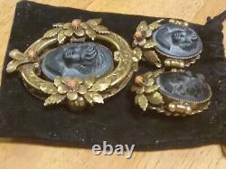 Vintage Gold Filled Victorian Mourning Black Brooch And Earrings Set