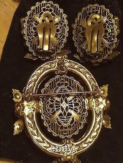 Vintage Gold Filled Victorian Mourning Black Brooch And Earrings Set