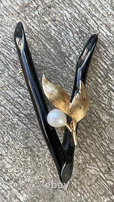 Vintage Victorian Mourning Black Coral 14K Gold Pin/ Brooch with natural pearl