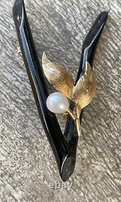 Vintage Victorian Mourning Black Coral 14K Gold Pin/ Brooch with natural pearl