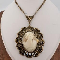 Vintage Victorian Mourning Jewelry Cameo Gold Tone Necklace