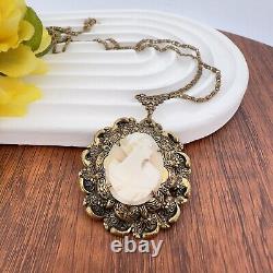 Vintage Victorian Mourning Jewelry Cameo Gold Tone Necklace