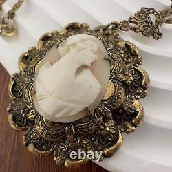 Vintage Victorian Mourning Jewelry Cameo Gold Tone Necklace