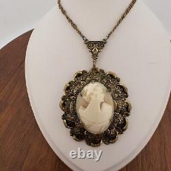 Vintage Victorian Mourning Jewelry Cameo Gold Tone Necklace