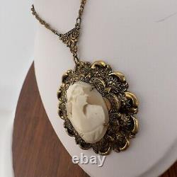 Vintage Victorian Mourning Jewelry Cameo Gold Tone Necklace