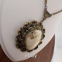 Vintage Victorian Mourning Jewelry Cameo Gold Tone Necklace