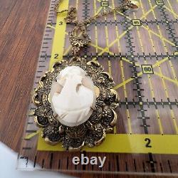 Vintage Victorian Mourning Jewelry Cameo Gold Tone Necklace