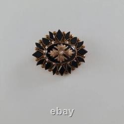 Vintage Victorian Mourning Pin 10K Yellow Gold Black Jet Seed Pearl Brooch