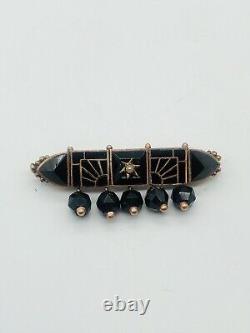 Vtg Antique Victorian Mourning Jewelry Black & Seed Pearl Bar Charms Pin Brooch